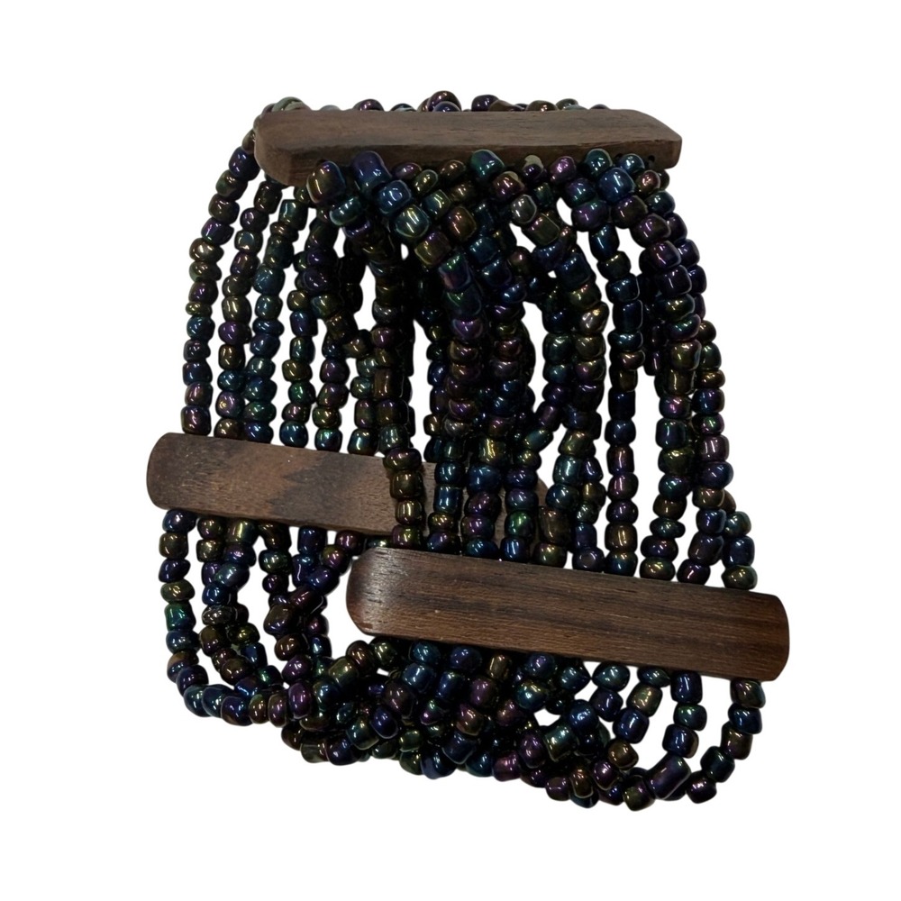 Iridescent Seed Bead Multi Strand Stretch Bracelet with Wood Spacers Boho Cuff